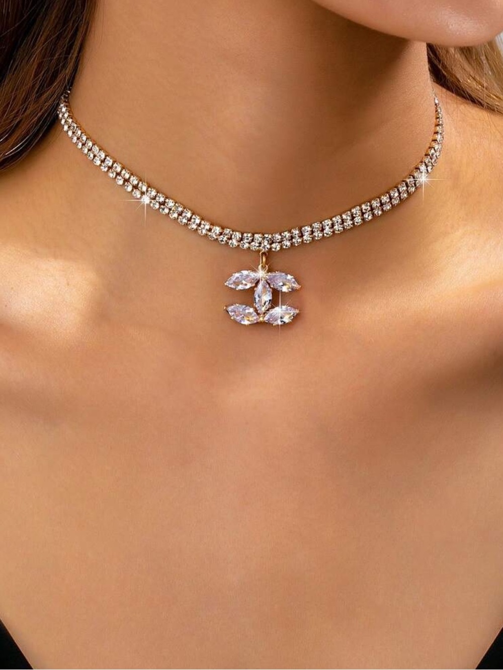 Crystal Pavé Choker Necklace with Clear Pendant - Gold Tone